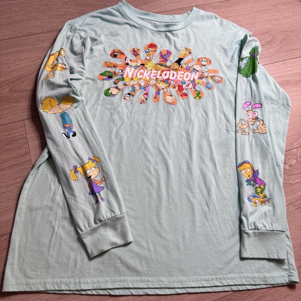 Nickelodeon Adult L Aqua Blue Graphic 90s Rugrats CatDog Hey Arnold Long Sleeve